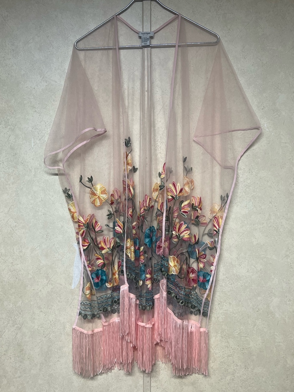 Haute Hippie pink sheer floral embroidered kimono with fringe trim - Picture 3 of 11